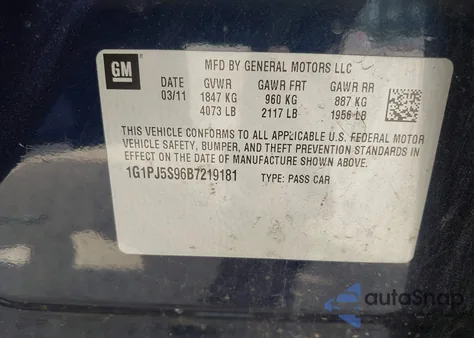 2011 Chevrolet Cruze Eco from USA, damaged, VIN 1G1PJ5S96B7219181